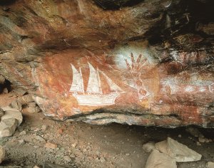 Le pitture rupestri di Injalak Hill, a Gunbalanya: da notare, accanto alle simbologie tradizionali, la comparsa di motivi che ritraggono realisticamente l'arrivo degli Europei