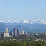 Denver Colorado skyscrapers snowy Longs Peak Rocky Mountains copy space