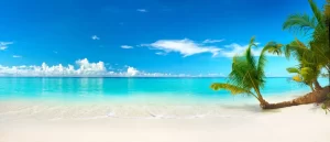 Bella spiaggia con sabbia bianca, oceano turchese, cielo blu con nuvole e palme sull'acqua in una giornata di sole. Maldive