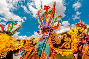 Dancers in typical costumes for the festival of the Virgin of Candelaria in Puno, Peru.