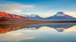 Idyllic Lake Lejia reflection and volcanic landscape in Atacama desert, Chile
