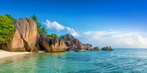 tropical anse source d'argent beach on la digue island seychelles