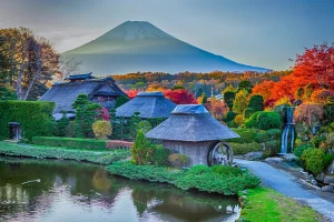 Sanboin Garden Old Village Area Established by Shokaku During Kamakura Period in Front of Japanese Fuji Mountain in Background in Japan.