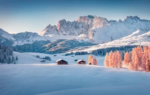 Captivating morning view of Alpe di Siusi village. Impressive winter scene of Dolomite Alps.