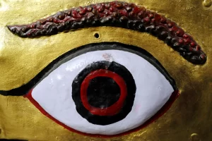 Eye on hindi statue. Detail. Katmandu. Nepal.