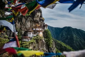 Tiger's nest monastery or Taktsang Monastery is a Buddhist temple complex which clings to a cliff, 3120 meters above the sea level on the side of the upper Paro valley, Bhutan