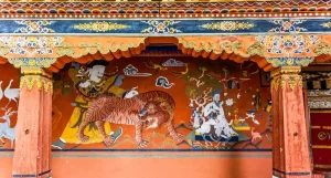 Colorful mural inside of Rinpun Dzong monastery in Paro, Bhutan, Asia