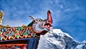 Tengboche Monastery, dragon wood carving, Khumbu region, Himalayas, Nepal