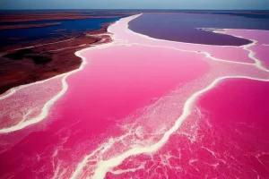 Aerial view of Pink lake, incredible natural landscape. The salt lake turned pink. Vivid red Salt deposits on the shores of the beautiful pink lake.