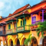 Colorful spanish colonial buildings with wooden balconies at Plaza de los Coches inside the walled city of Cartagena de Indias, Colombia. UNESCO world heritage site.