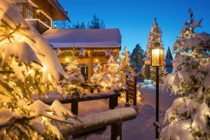 Winter night view of Santa Claus Village in Rovaniemi in Lapland in Finland.