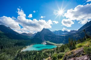 Aerial view of the landscape of Grinnell Lake at Glacier National Park, Montana