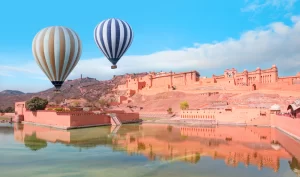 Hot air Balloon flying over Amer (Amber) Fort - Jaipur Rajasthan, india