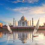 Taj Mahal and sailboats in the Yamuna, Agra, Uttar-Pradesh, India
