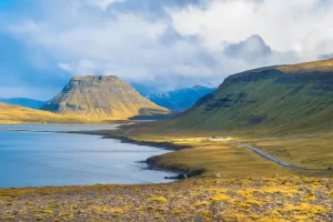 Beautiful view of Kirkjufell mountain in Snaefellsnes peninsula from Hringvegur Road - Ring Road IS 1 - Iceland