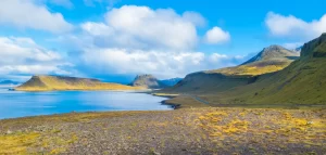 Beautiful view of Kirkjufell mountain in Snaefellsnes peninsula from Hringvegur Road - Ring Road IS 1 - Iceland