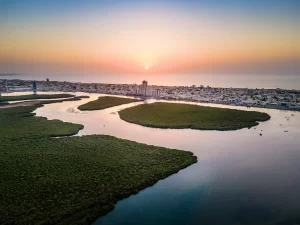 Aerial view of Ras al Khaimah emirate in the United Arab Emirates skyline at sunset
