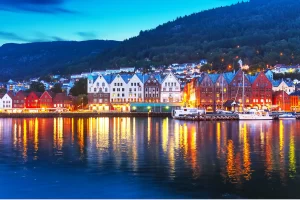 Scenic summer evening panorama of the ancient Bryggen pier architecture in Bergen, Norway