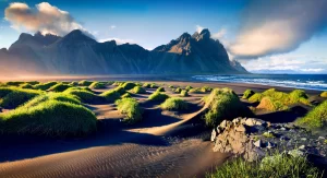 Dune di sabbia nera sul promontorio di Stokksnes sulla costa sud-orientale dell'Islanda con Vestrahorn (Batman Mountain). Colorata mattina d'estate Islanda