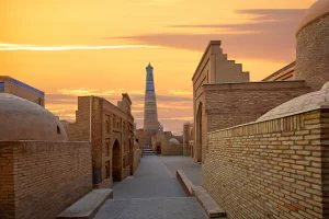 Old town Khiva at the sunrise with Islam Khoja Minaret in the background, Uzbekistan