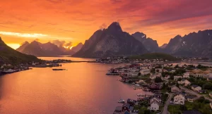 Riene fishing village at sunset in Lofoten, Norway