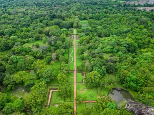 Top aerial drone view from above of Sigiriya, Sri Lanka,