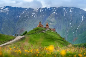 Gergeti Trinity Church (Tsminda Sameba) in Kazbegi, Georgia.