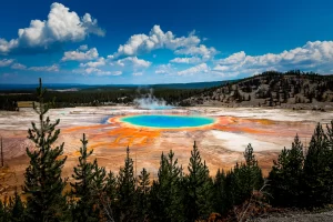 Geyser in grand prismatic spring Basin in Yellowstone National Park in Wyoming