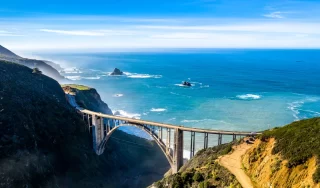 Aerial Bixby Bridge (Rocky Creek Bridge) and Pacific Coast Highway near Big Sur in California, USA America.