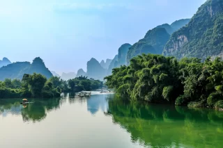 View of the Li River (Lijiang River) scenic karst mountains at Yangshuo County of Guilin, China.