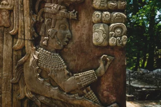 Mayan king and signs at the archaeological site of Palenque, Chiapas, Mexico