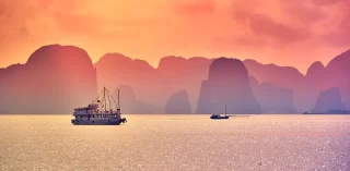 Halong Bay,Panoramic view of sunset in Halong Bay, Vietnam, Southeast Asia