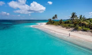 Aerial view a woman walking along the waters of Shoal Bay Beach with crashing waves and palm trees on the island of Anguilla.