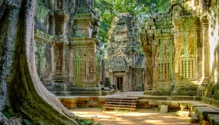 Tempio Ta Prohm nella luce del mattino. Parte del complesso Angkor Wat, Seam Reap, Cambogia.