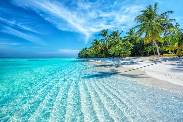 Spiaggia tropicale dell'oceano delle Isole Maldive
