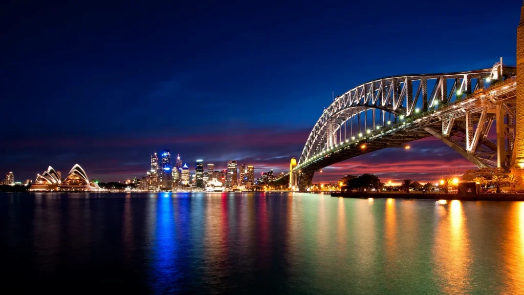 Sydney ponte Harbor e Opwra House in notturna