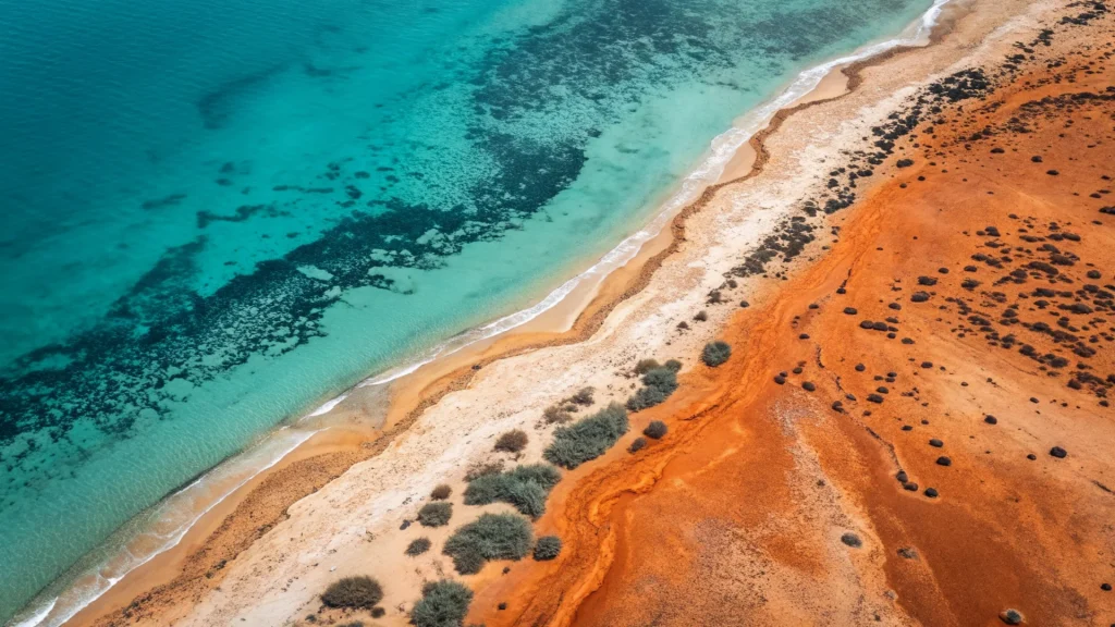 Vista aerea di un oceano turchese che incontra una spiaggia sabbiosa con dune rosse, Australia Occidentale