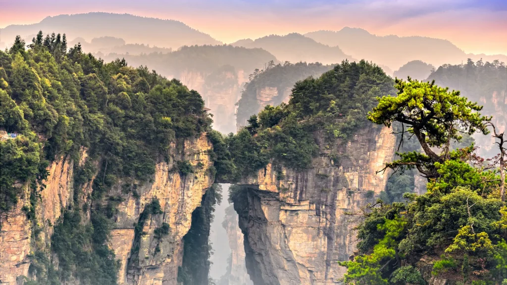 Zhangjiajie Park Forest all'alba. Ponte naturale che collega due colonne rocciose | Tour di gruppo in cina esclusiva Alidays Travel Experience