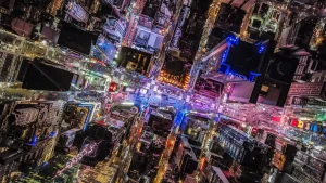 Veduta dall'alto di edifici e strade nei dintorni di Times Square, Manhattan, New York City, USA