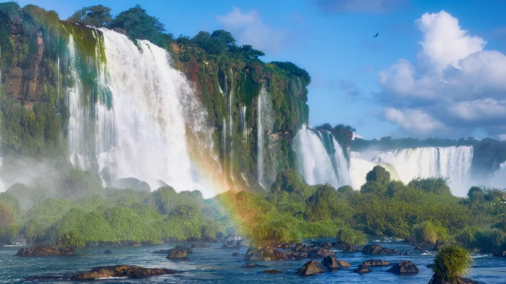 Vista dell'arcobaleno sulle cascate di Iguazu, Brasile | Perfetto! Ecco la versione aggiornata con la keyword "Viaggio esclusivo in Brasile": Meta Title: Viaggio esclusivo in Brasile | Alidays Travel Experience