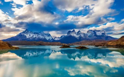 The Torres del Paine National Park sunset view. Torres del Paine is a national park encompassing mountains, glaciers, lakes, and rivers in southern Patagonia, Chile.