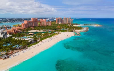 Paradise Beach aerial view and The Royal Cove Reef Tower at Atlantis Hotel on Paradise Island, Bahamas.