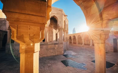 Baku city, Azerbaijan, view of the historical mosques and the walls of Shirvanshahs palace in the Old town