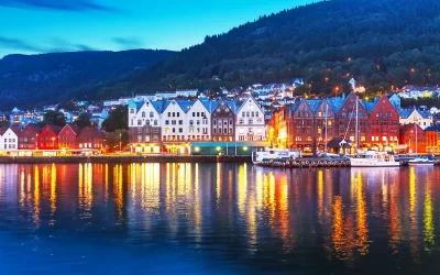 Scenic summer evening panorama of the ancient Bryggen pier architecture in Bergen, Norway