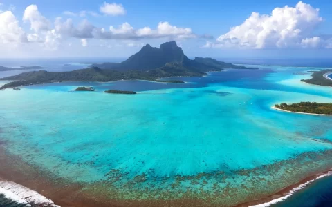 Aerial View of Bora Bora island and Lagoon