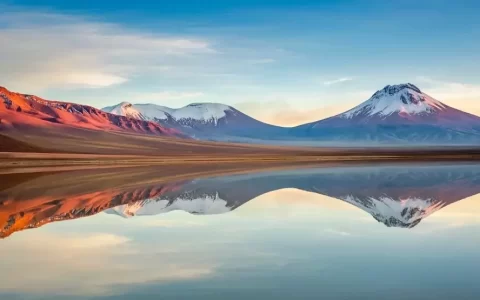 Idyllic Lake Lejia reflection and volcanic landscape in Atacama desert, Chile