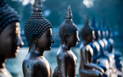 Linea di statue di Buddha, Seema Malaka un tempio buddista sul lago Beira. Colombo, Sri Lanka