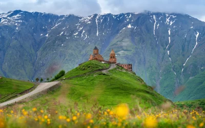 Gergeti Trinity Church (Tsminda Sameba) in Kazbegi, Georgia.