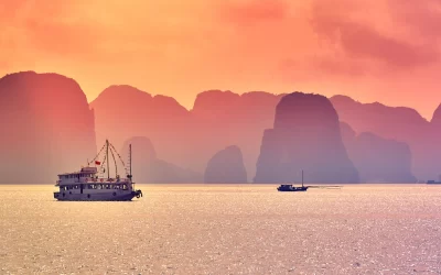 Halong Bay,Panoramic view of sunset in Halong Bay, Vietnam, Southeast Asia