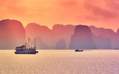 Halong Bay,Panoramic view of sunset in Halong Bay, Vietnam, Southeast Asia